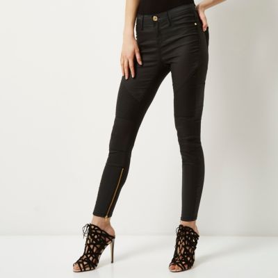 Black leather-look biker superskinny jeans